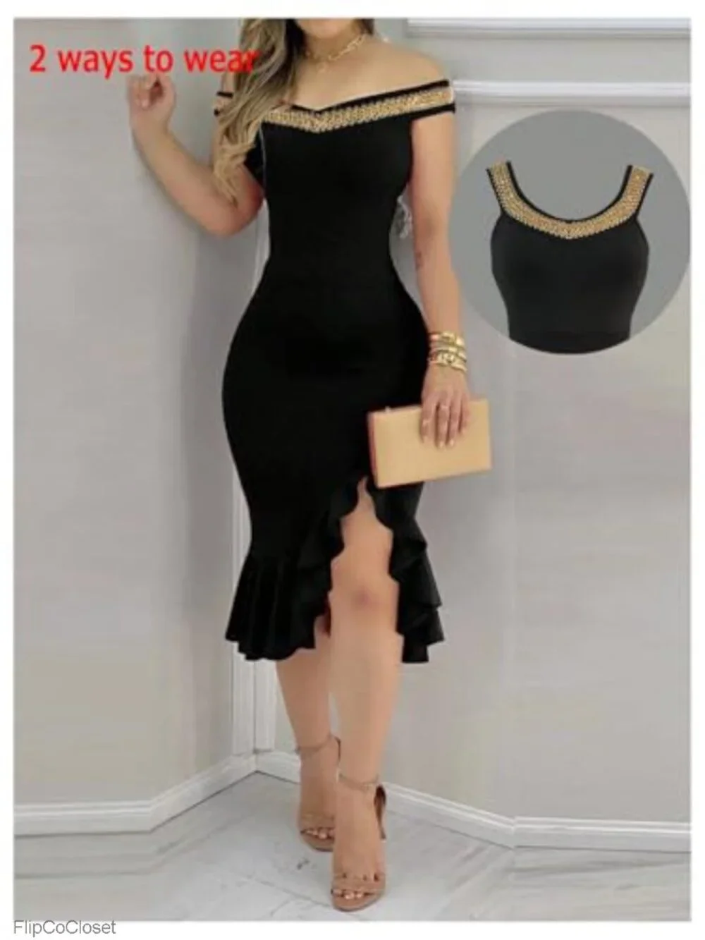 Off Shoulder Ruffle Bodycon Midi Dress Sleeveless Party_2
